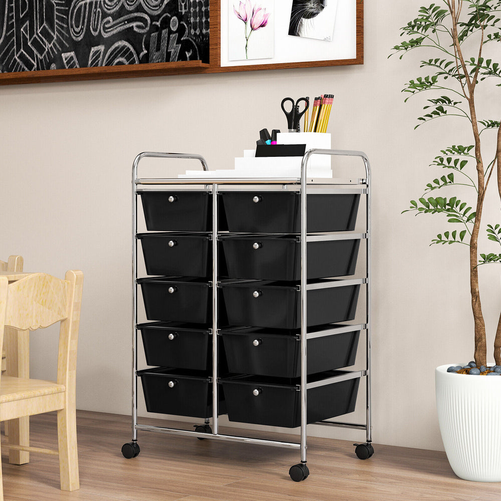 10-drawer rolling storage cart in black, featuring a front view of the sturdy metal frame and removable drawers for.