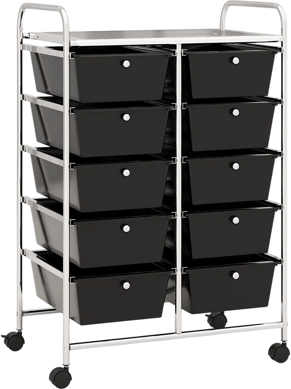 Rolling storage cart with 10 black drawers and a sturdy metal frame, featuring a mesh platform for versatile use.