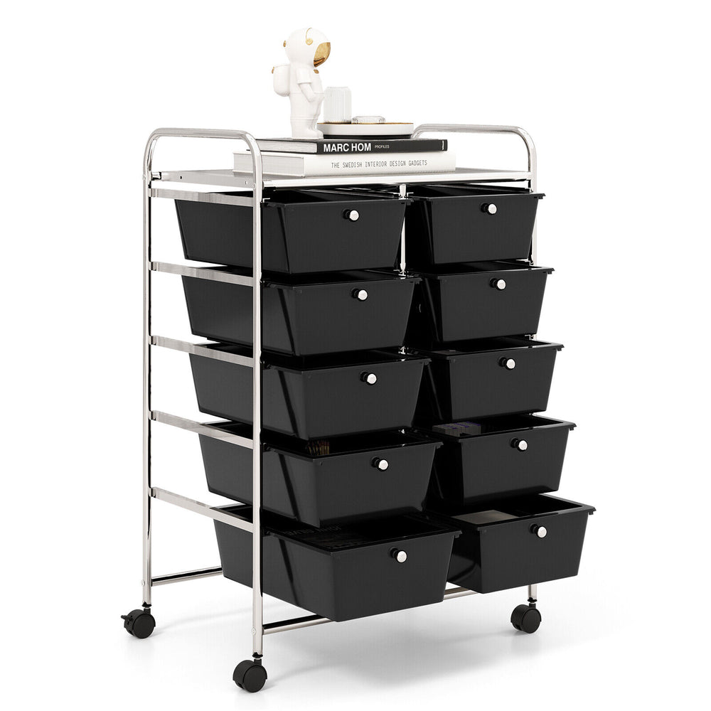 10-drawer rolling storage cart in black with metal frame and wheels, ideal for home or office organization.