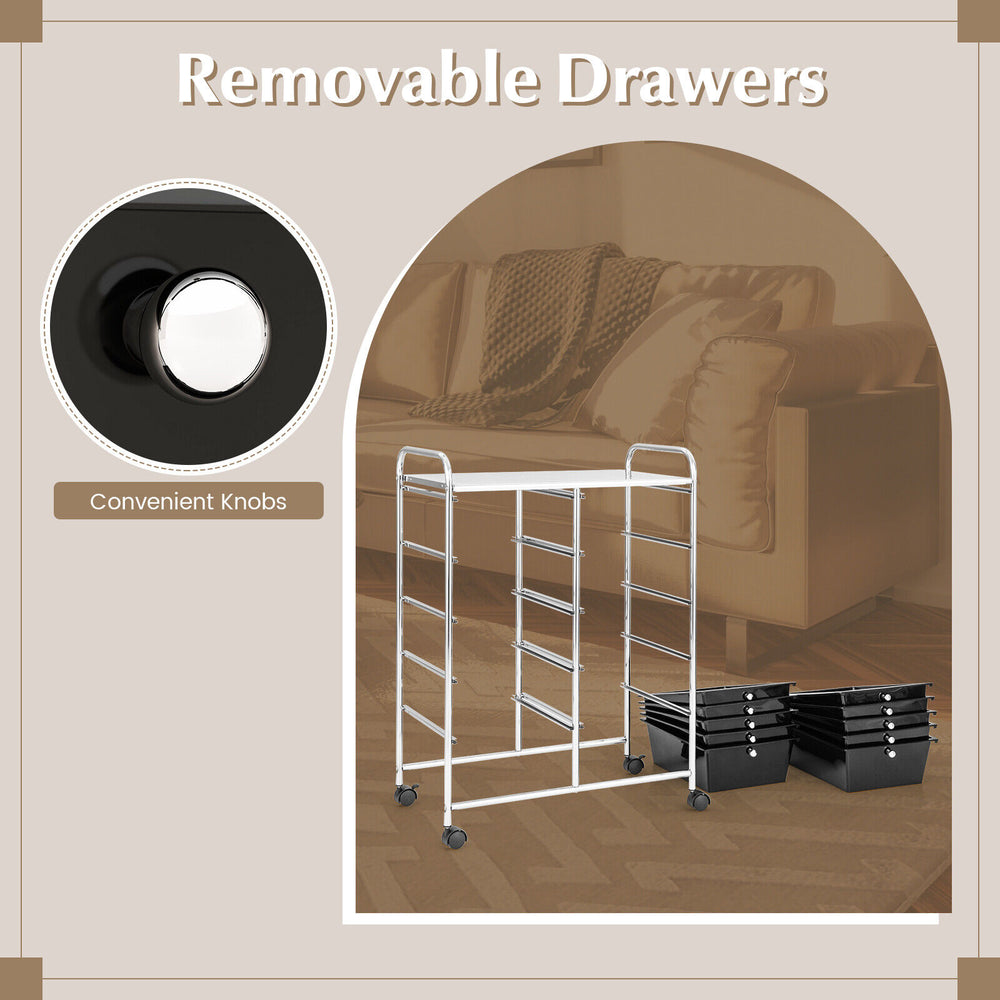 10-drawer rolling storage cart in black with removable drawers and metal handles, ideal for home or office organization.