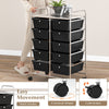 10-drawer rolling storage cart in black with metal handles and wheels, ideal for home or office organization.