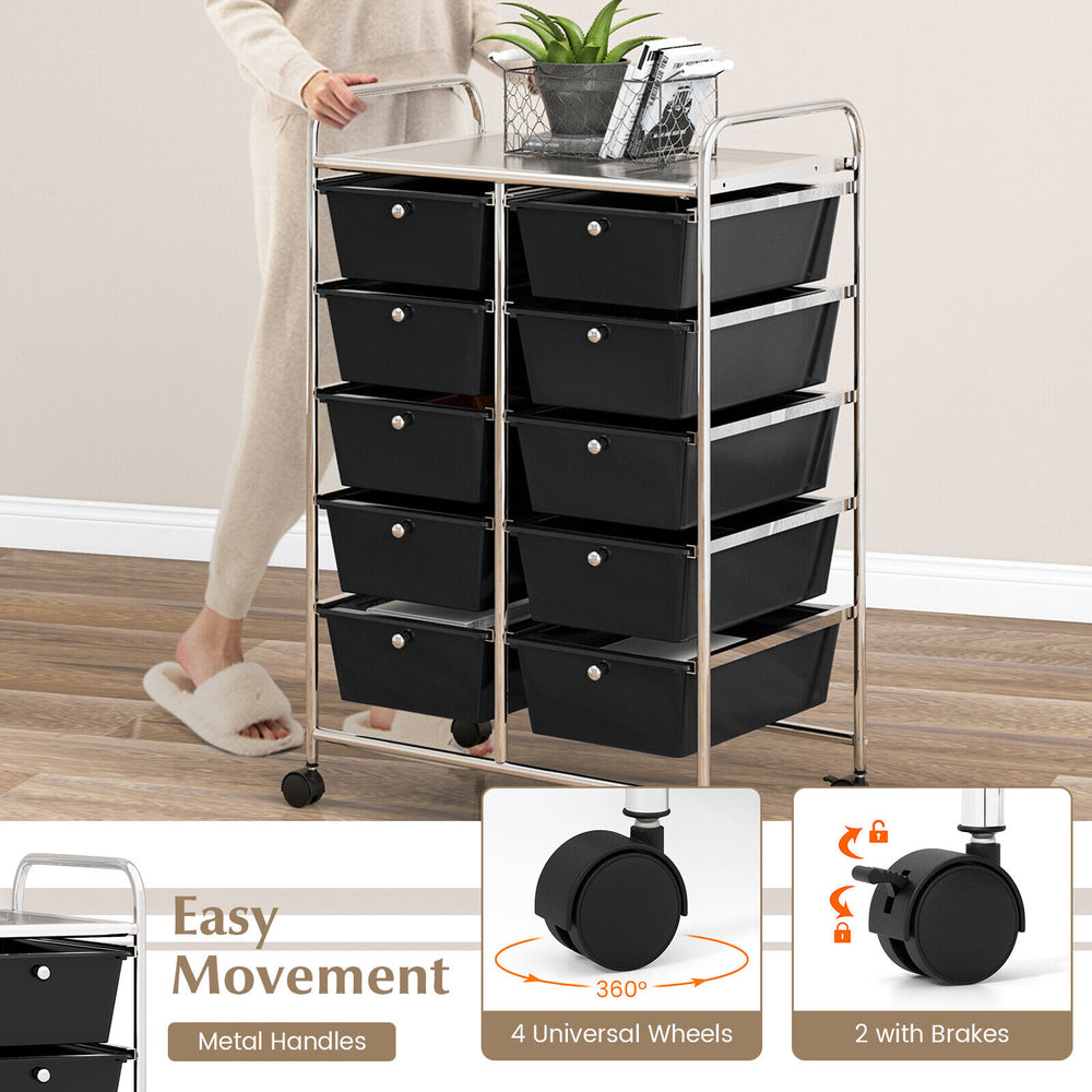 10-drawer rolling storage cart in black with metal handles and wheels, ideal for home or office organization.