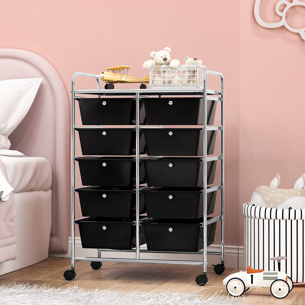10-drawer rolling storage cart in black showcasing a side view with wheels, perfect for versatile organization in any.