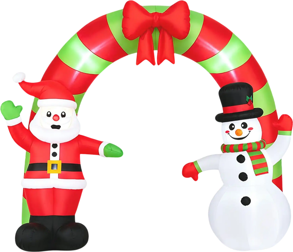 10 FT Christmas inflatable archway featuring Santa and snowman with LED lights, perfect for festive outdoor holiday decor.