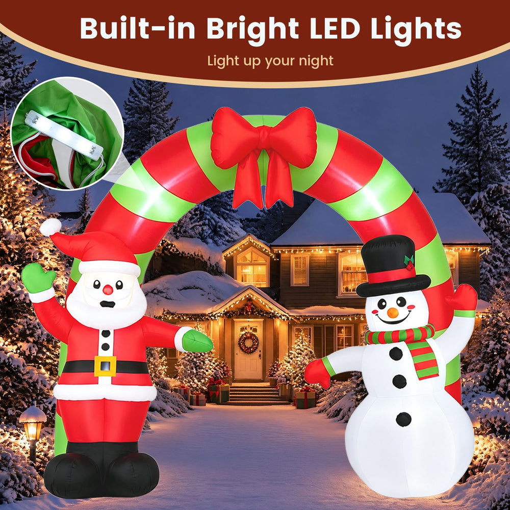 10 FT Christmas inflatable archway featuring Santa and a snowman with built-in LED lights for festive outdoor decoration.