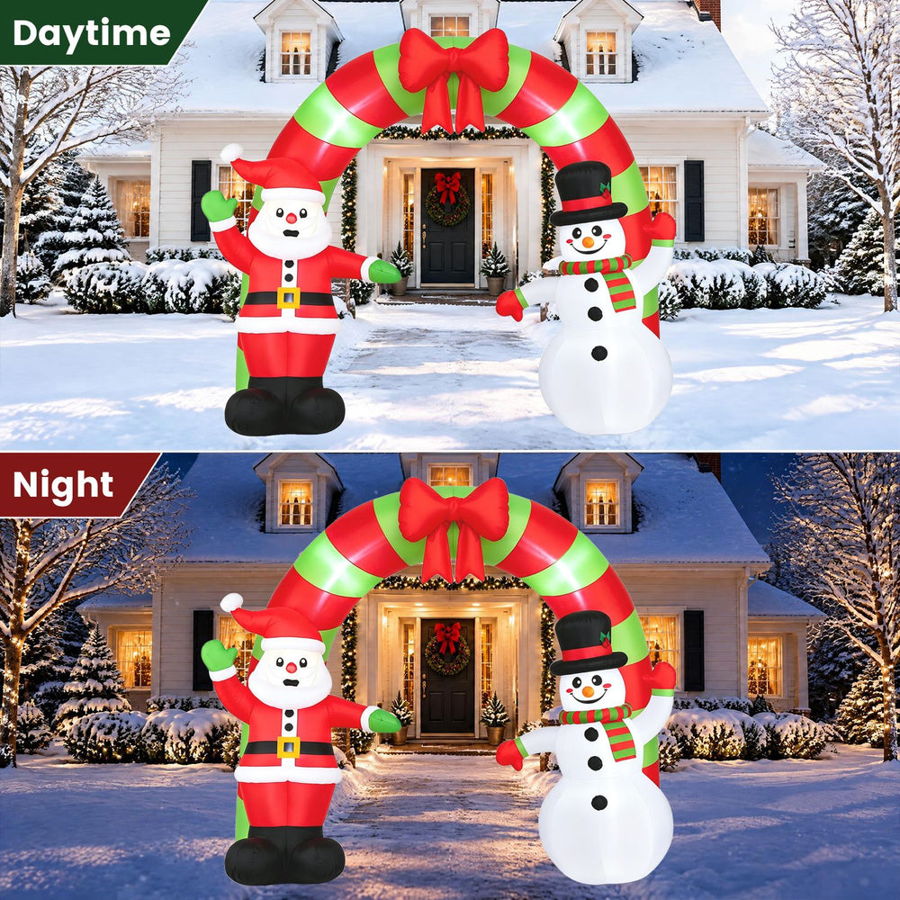 10 FT Christmas inflatable archway featuring Santa and a snowman, illuminated with LED lights for festive outdoor decor.
