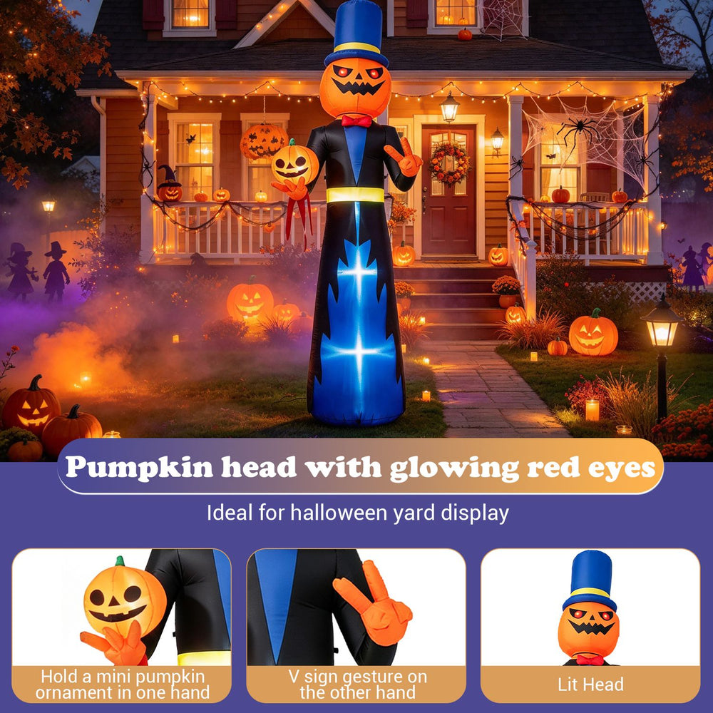 10 FT animated Halloween inflatable pumpkin gentleman with glowing red eyes, ideal for spooky yard display.