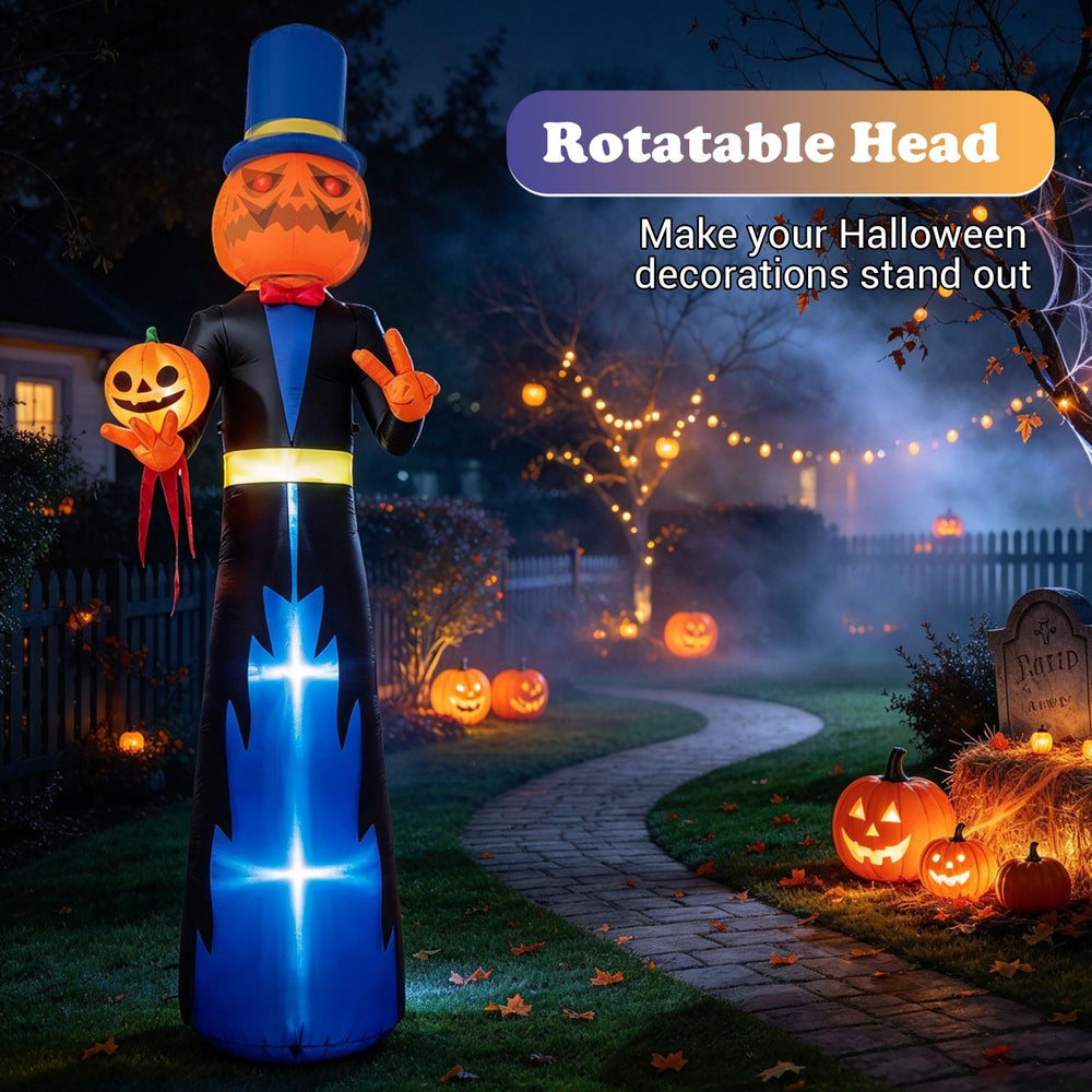 10 FT animated Halloween inflatable pumpkin gentleman with rotating head and glowing eyes, perfect for spooky yard displays.