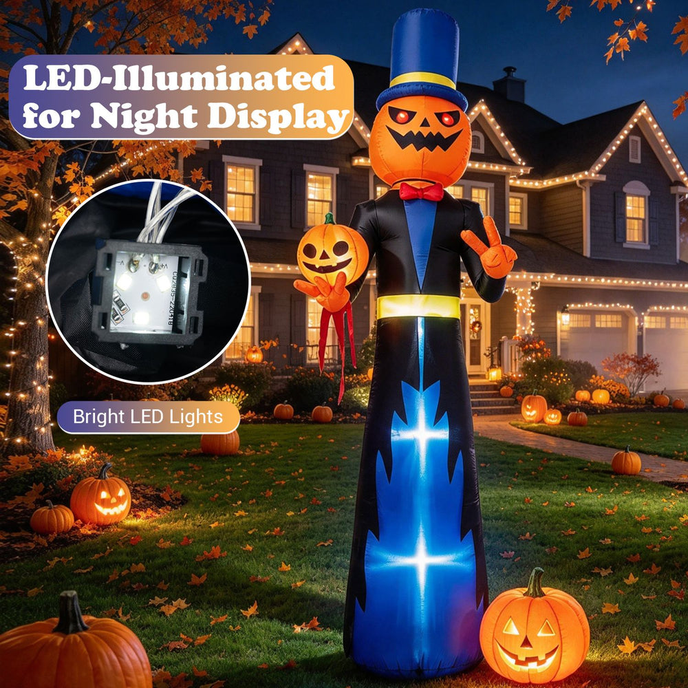10 FT animated Halloween inflatable pumpkin gentleman decoration with glowing eyes and mini pumpkin, perfect for spooky yard displays.