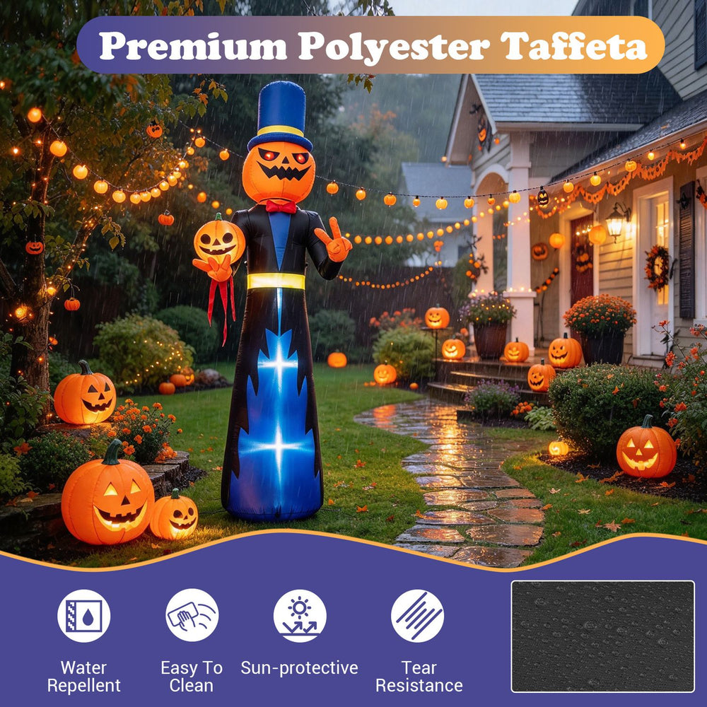 10 FT animated Halloween inflatable pumpkin gentleman decoration with glowing eyes, made of water-repellent polyester taffeta.