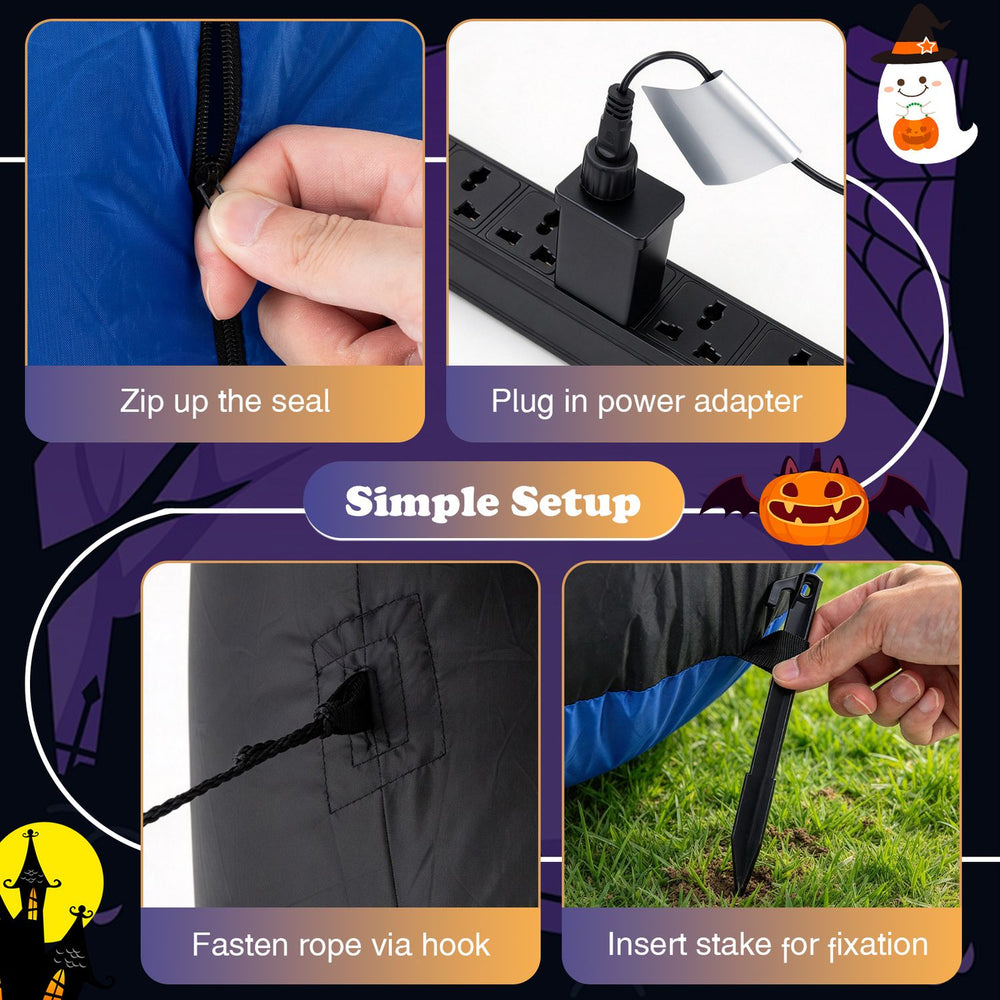 Animated Halloween inflatable pumpkin gentleman with glowing eyes, featuring simple setup and complete accessories for yard display.