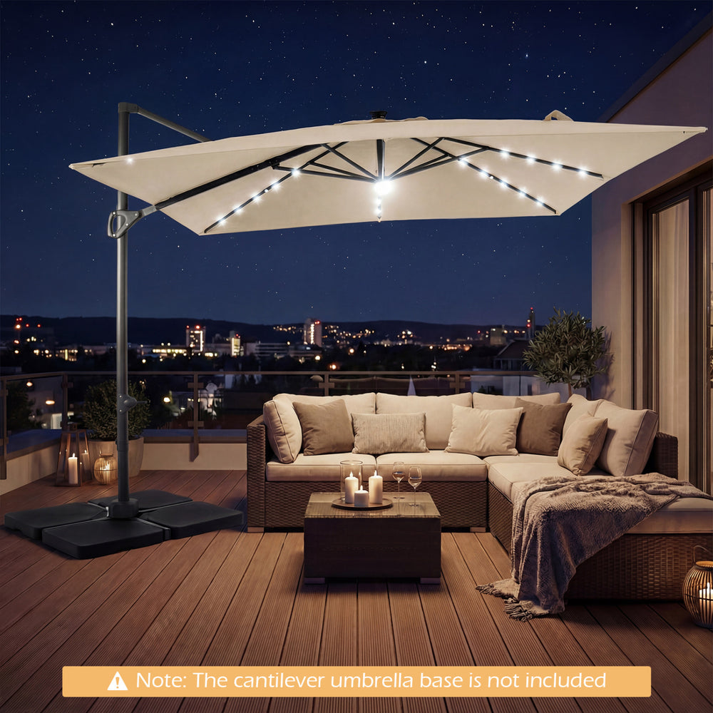 10 FT cantilever patio umbrella with solar LED lights in beige, providing optimal shade for outdoor seating areas.