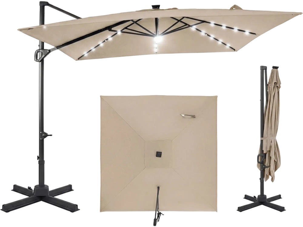 10 FT cantilever patio umbrella in beige with solar LED lights, featuring tilt adjustment and 360-degree rotation for.