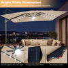 10 FT cantilever patio umbrella with beige canopy, solar LED lights, and tilt adjustment for optimal shade in outdoor.