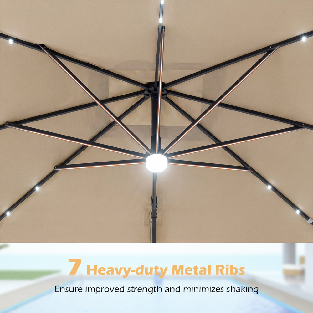 Heavy-duty metal ribs of the 10 FT cantilever patio umbrella provide strength and stability for outdoor use.