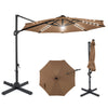 10 FT cantilever patio umbrella in brown with solar LED lights, 360° rotation, and sturdy metal ribs for outdoor use.