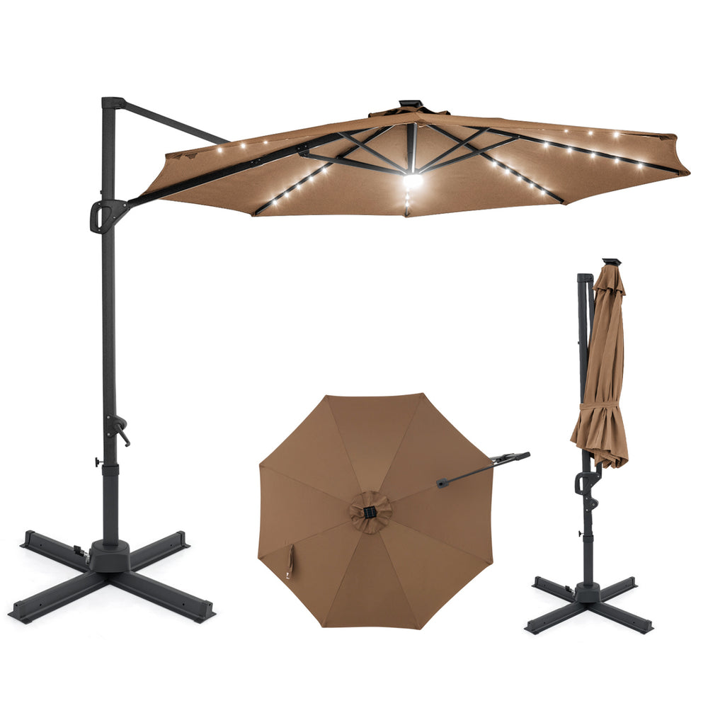 10 FT cantilever patio umbrella in brown with solar LED lights, 360° rotation, and sturdy metal ribs for outdoor use.