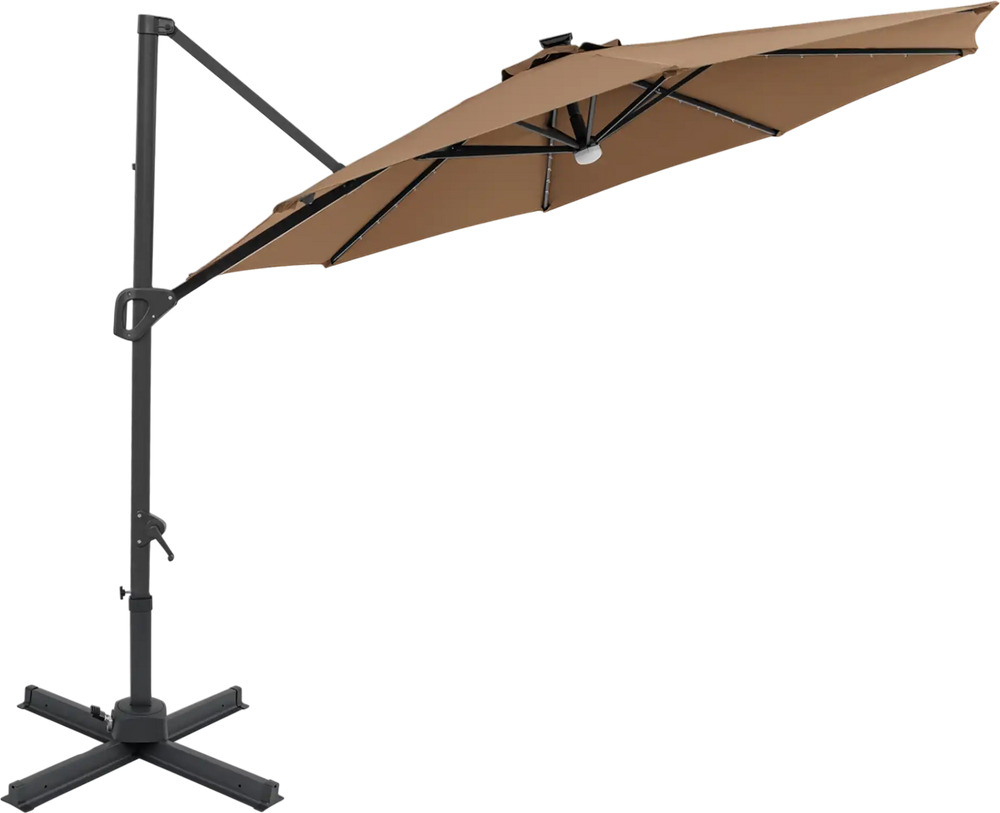 10 FT cantilever patio umbrella in brown with solar LED lights, featuring 360° rotation and a sturdy metal frame.