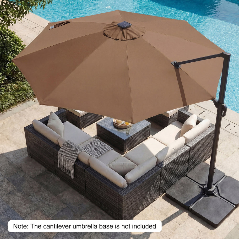 10 FT brown cantilever patio umbrella with solar LED lights, 360° rotation, and a sturdy design for outdoor shade.