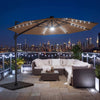 10 FT cantilever patio umbrella in brown with solar LED lights, 360° rotation, and a sturdy design for outdoor.