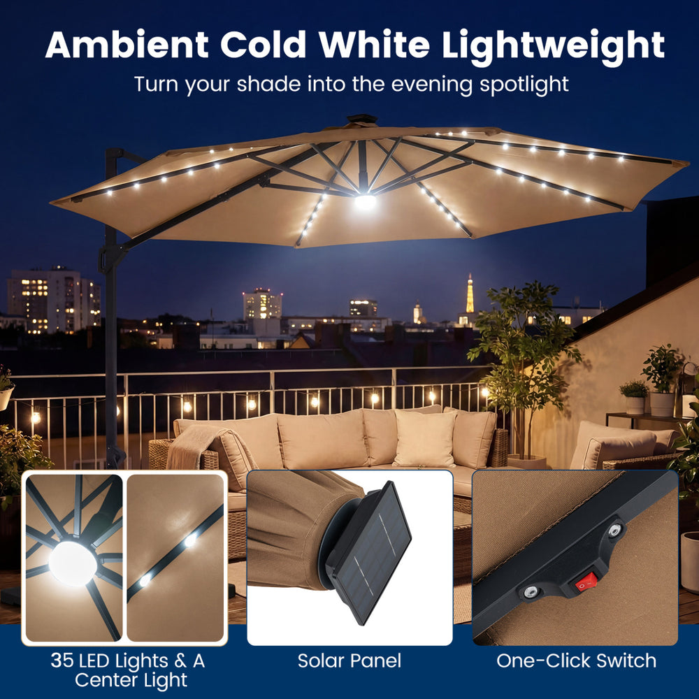 10 FT cantilever patio umbrella in brown with solar LED lights, featuring 360° rotation and a sturdy design for outdoor.