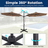 10 FT cantilever patio umbrella with 360° rotation, brown polyester canopy, and solar LED lights for outdoor shade.