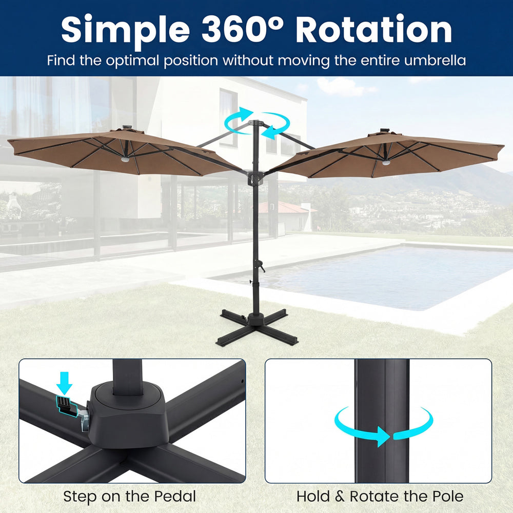 10 FT cantilever patio umbrella with 360° rotation, brown polyester canopy, and solar LED lights for outdoor shade.