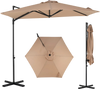 The 10 FT cantilever patio umbrella in tan features a convenient hook & loop strap for secure closure and storage.