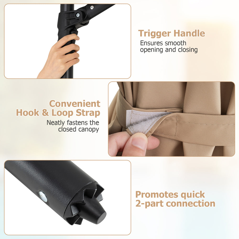 The trigger handle of the 10 FT cantilever patio umbrella ensures smooth opening and closing for easy sunshade adjustment.