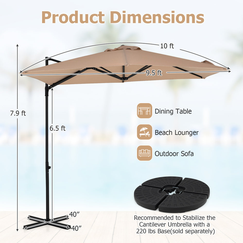 10 FT cantilever patio umbrella in tan with 360° rotation, ideal for garden gatherings and poolside sunbathing.