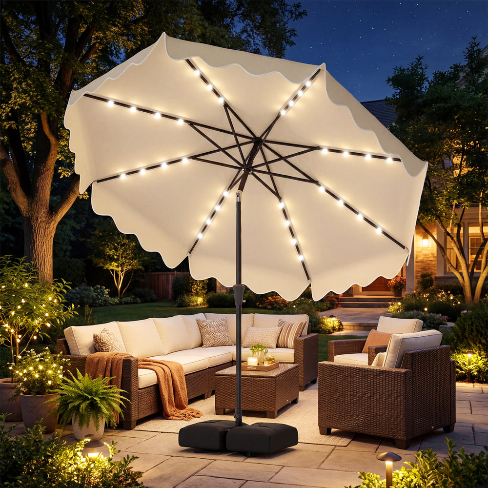 10 FT Outdoor Patio Umbrella with Solar LED Lights and Weighted Base-Beige - Gallery View 1 of 10
