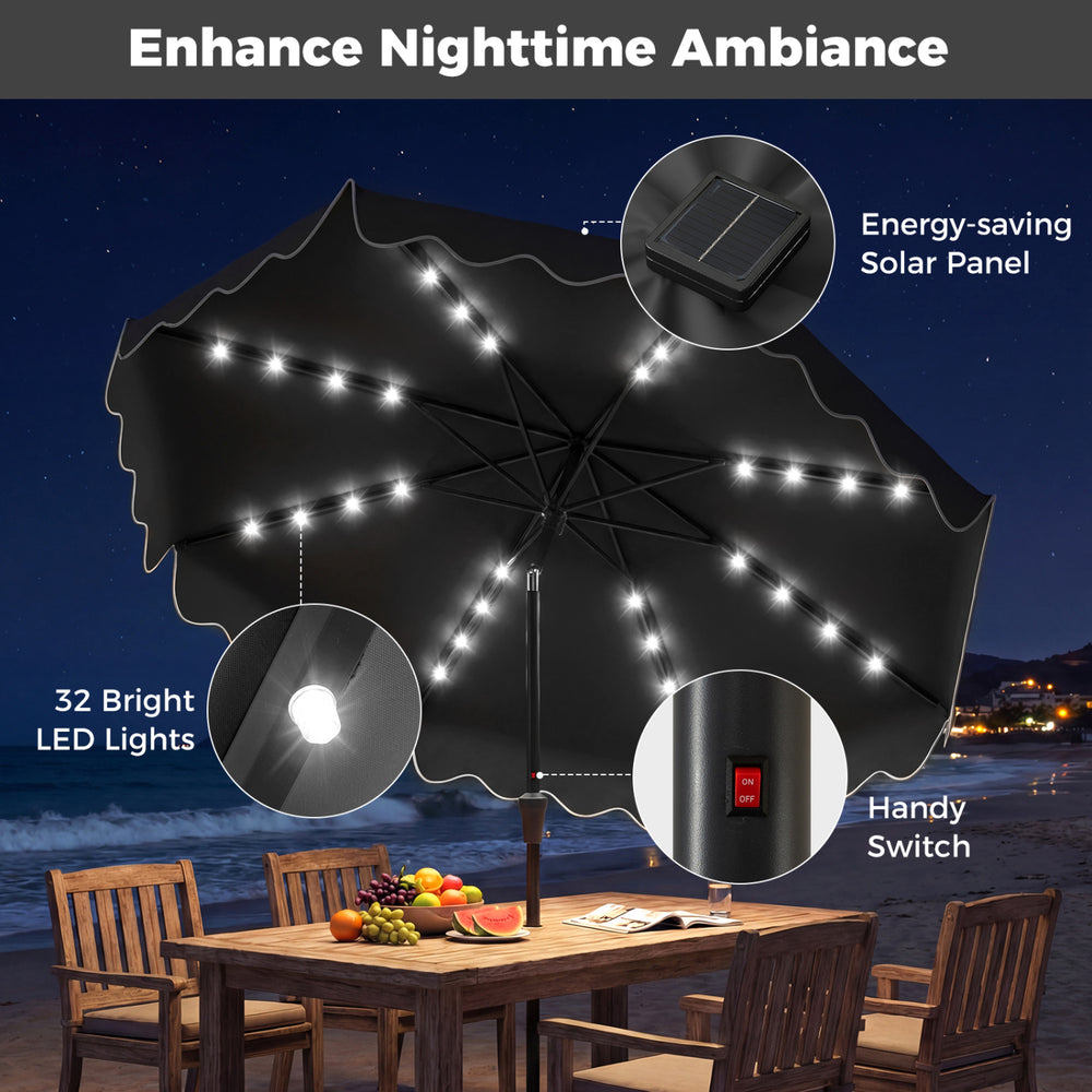 Gray 10 FT outdoor patio umbrella with solar LED lights, showcasing ruffled edges and a weighted base for stability.
