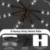 10 FT gray outdoor patio umbrella with solar LED lights, featuring 8 heavy-duty metal ribs and protective rib pockets.
