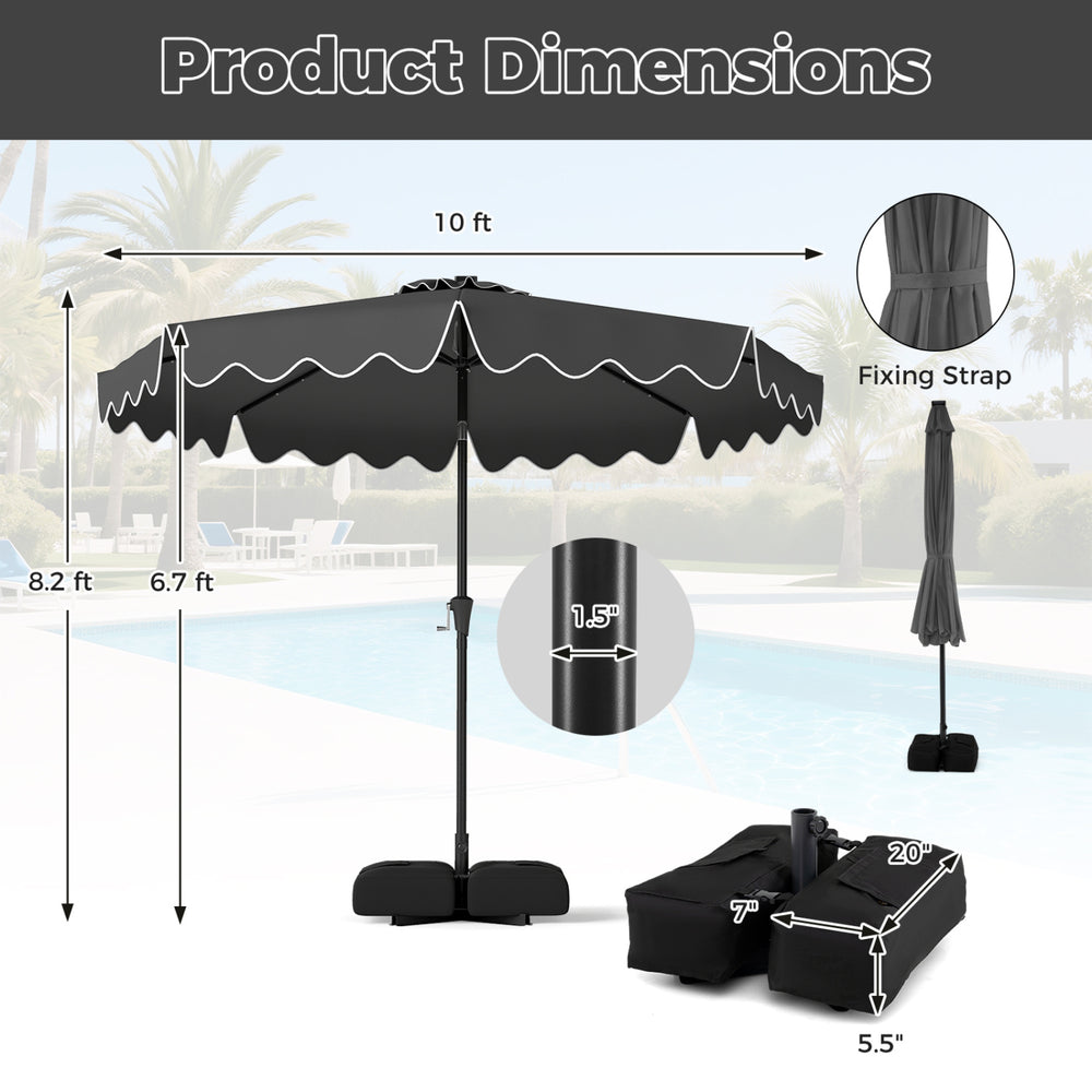 10 FT gray outdoor patio umbrella with solar LED lights, adjustable tilt, and weighted base for secure placement.