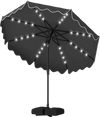 Gray 10 FT outdoor patio umbrella with solar LED lights, ruffled edges, and weighted base for stylish shade.