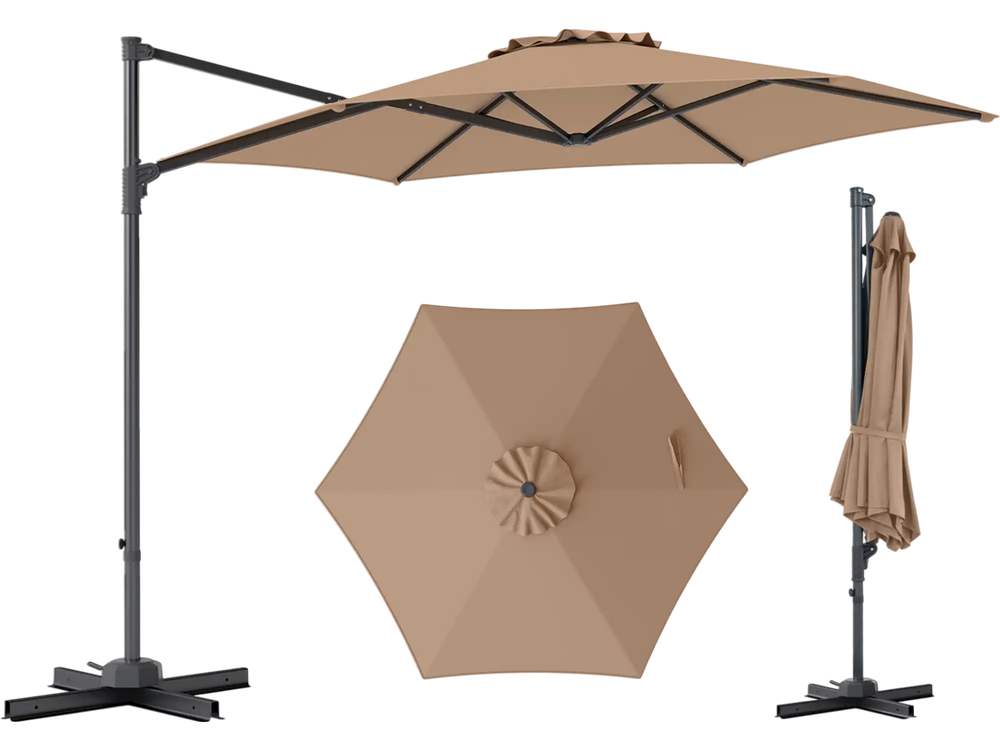 10 FT tan patio cantilever umbrella with 360° rotation, vented top, and heavy-duty metal ribs for backyard shade.