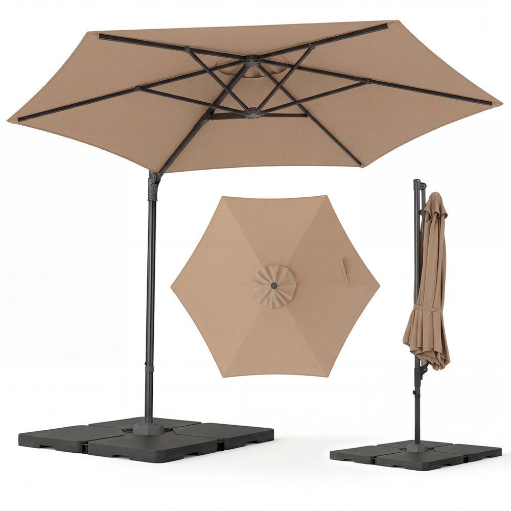 10 FT tan patio cantilever umbrella with 360° rotation and vent, ideal for backyard and poolside shade.