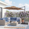 Patio cantilever umbrella with 360° rotation, tan polyester fabric, and sturdy metal ribs for outdoor shade.