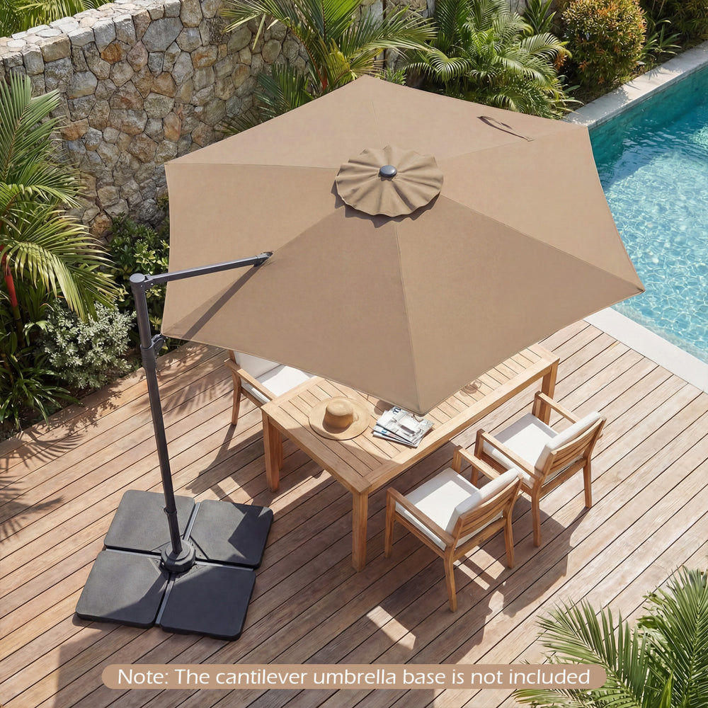 Tan 10 ft patio cantilever umbrella with 360° rotation, providing sun shade for backyard and poolside relaxation.