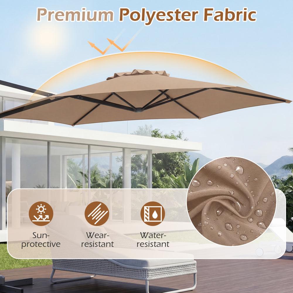 10 ft tan patio cantilever umbrella with 360° rotation, made of sun-protective, water-resistant polyester fabric.