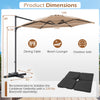 Dimensions of the 10 FT tan patio cantilever umbrella, showcasing 360° rotation and large coverage for outdoor areas.