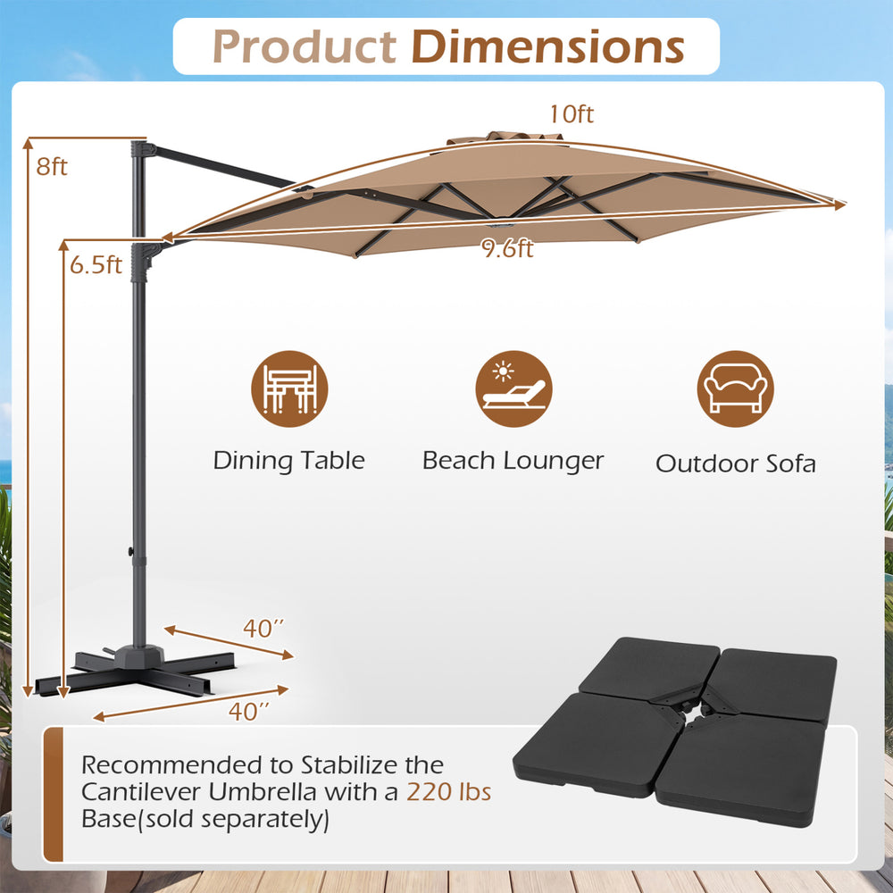 Dimensions of the 10 FT tan patio cantilever umbrella, showcasing 360° rotation and large coverage for outdoor areas.
