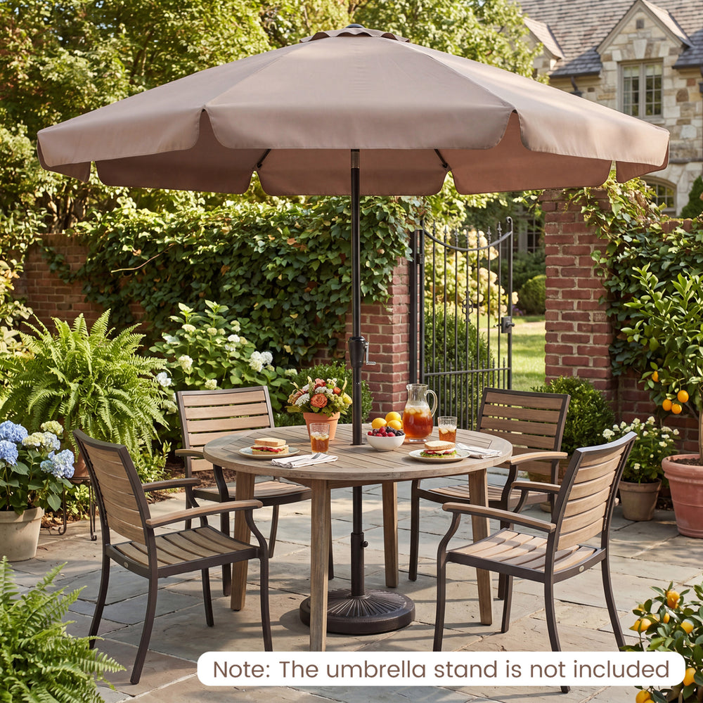 10 FT brown scalloped patio umbrella with push button tilt and fiberglass ribs, ideal for outdoor dining and sun.