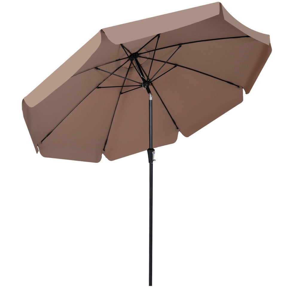 10 FT brown scalloped patio umbrella showcasing a smooth crank handle and 3-level adjustable safety latch for easy use.