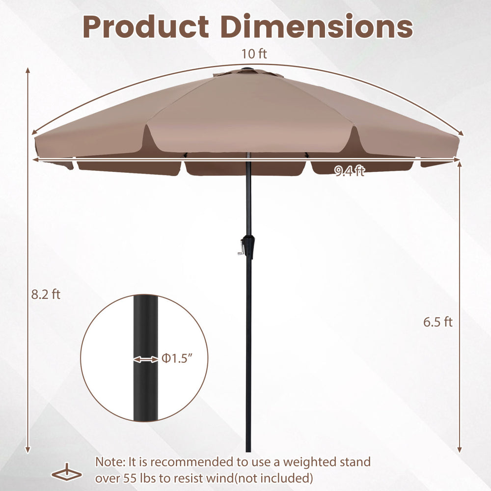 10 FT brown scalloped patio umbrella with push button tilt, 8 fiberglass ribs, and air vent for outdoor sun protection.