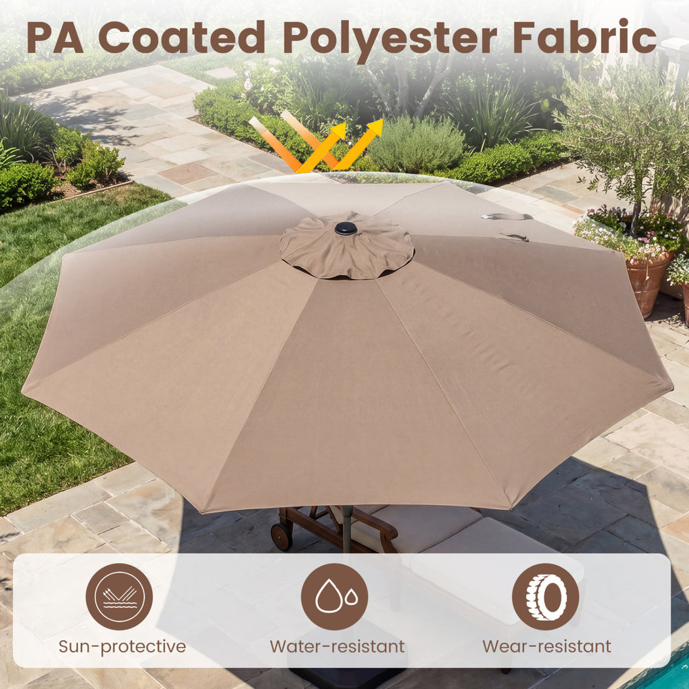 10 FT brown scalloped patio umbrella featuring PA coated polyester fabric, push button tilt, and 8 fiberglass ribs for.
