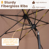 Close-up of the 10 FT brown patio umbrella showcasing 8 sturdy fiberglass ribs and a push button tilt for sun tracking.