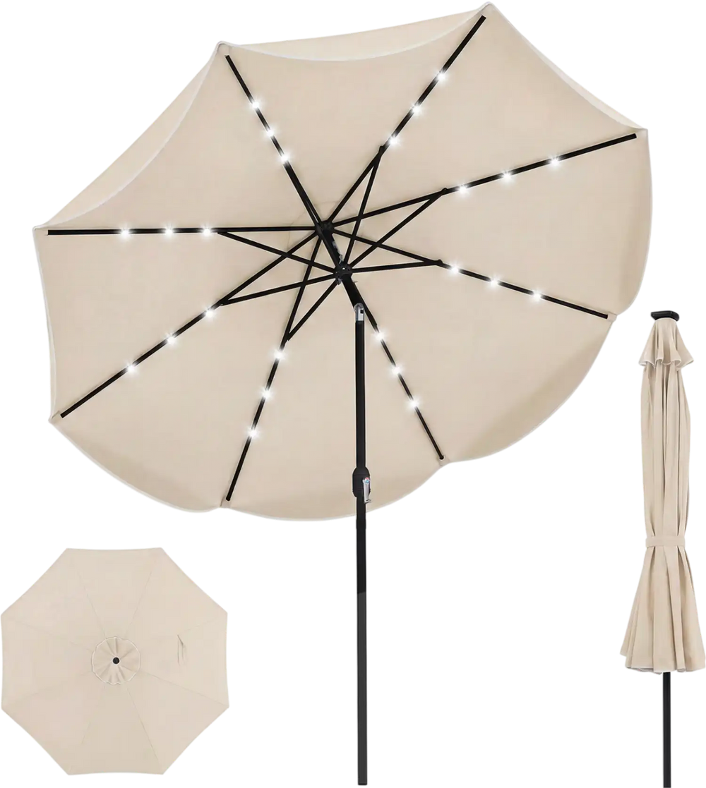 10 FT beige scalloped solar patio umbrella with 24 LED lights and tilt adjustment for stylish outdoor shade.