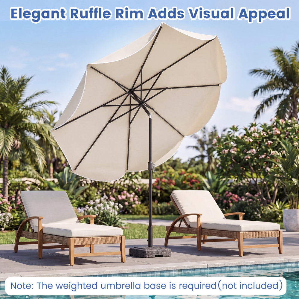 10 FT beige scalloped solar patio umbrella with 24 LED lights, shown tilted for optimal shade and visual appeal.