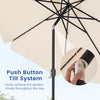 Close-up of the push button tilt system on a 10 FT beige solar patio umbrella for easy shade adjustment.
